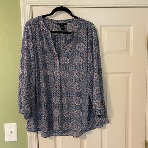 Faith & Zoe V Neck Blue & Blush Blouse 2X